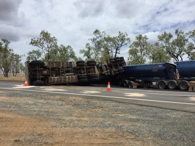 Overturned B-double truck following a transport incident — independent ICAM investigation case